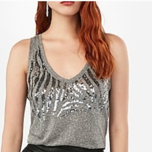 Express Tops - Express Gray Sequin Zebra Easy Tank Size M NWT